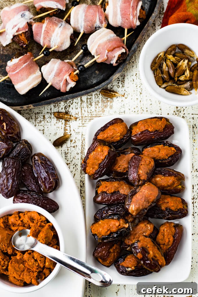 A white plate holding dates stuffed with uncooked chorizo. A small bowl holds the seeds. Whole dates and a bowl of chorizo sits next to it. Bacon wrapped dates sit in the corner of the photo.