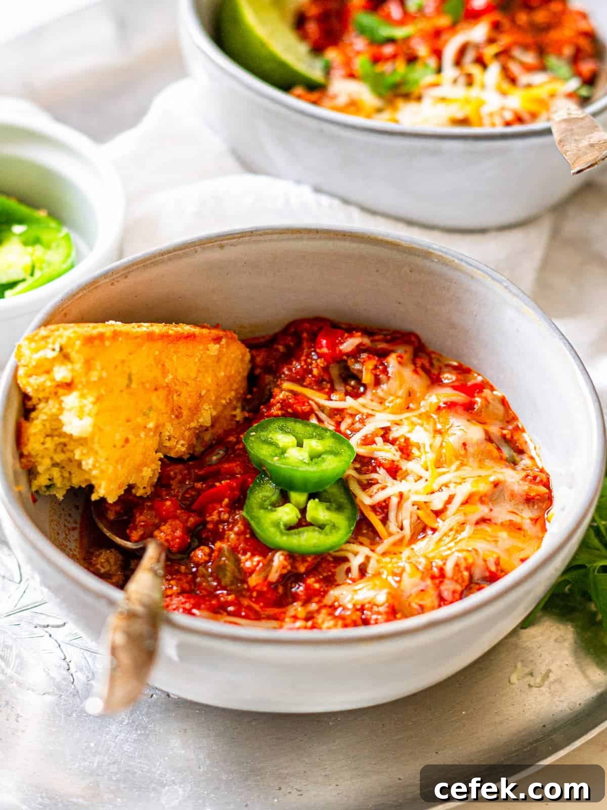 A piece of cornbread in a bowl of chili.