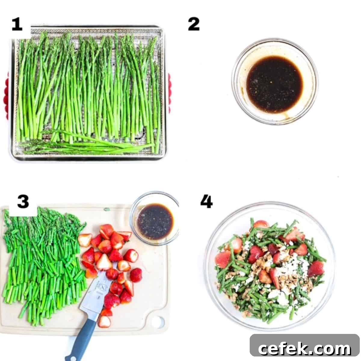 Four numbered images showing how to make cold asparagus salad with fresh strawberries.