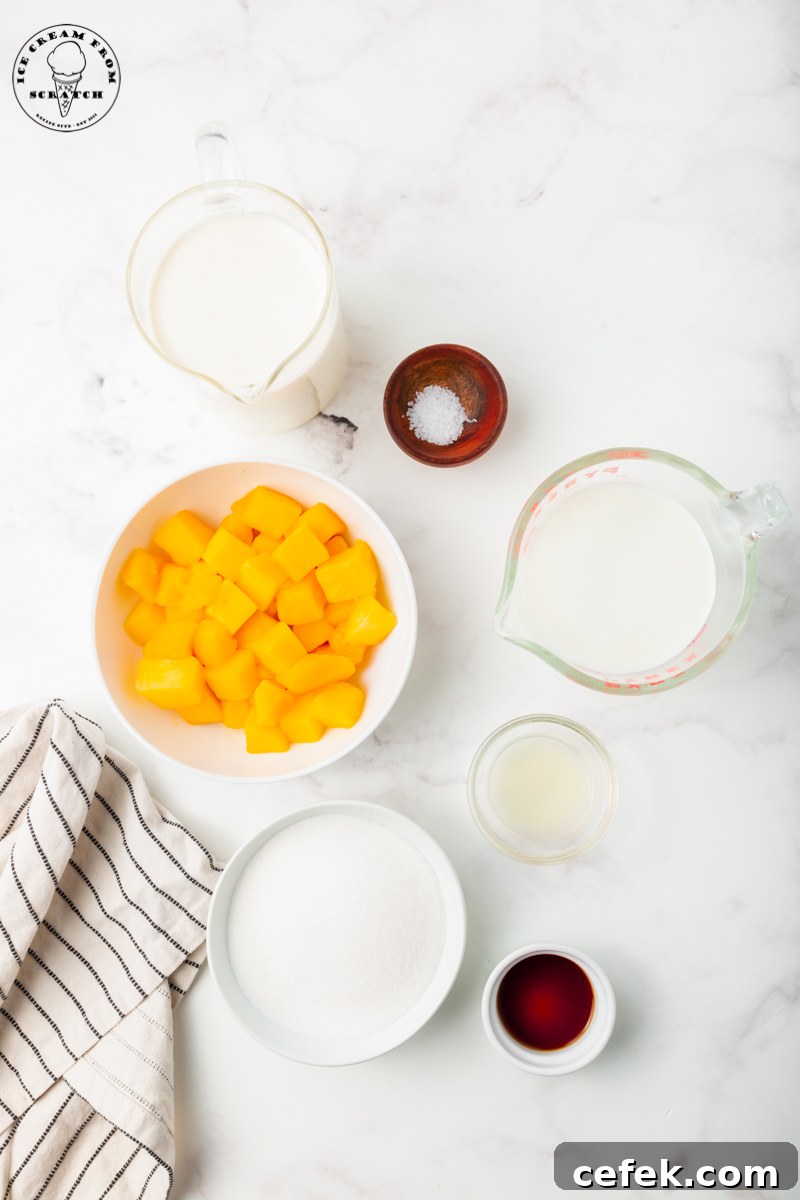 The ingredients needed to make mango gelato.