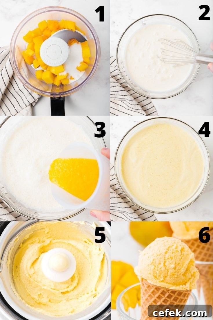 a collage of six images showing how to make no cook mango gelato in an ice cream maker.