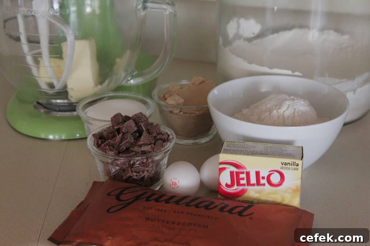 ingredients for chocolate chip cookies with pudding on counter top
