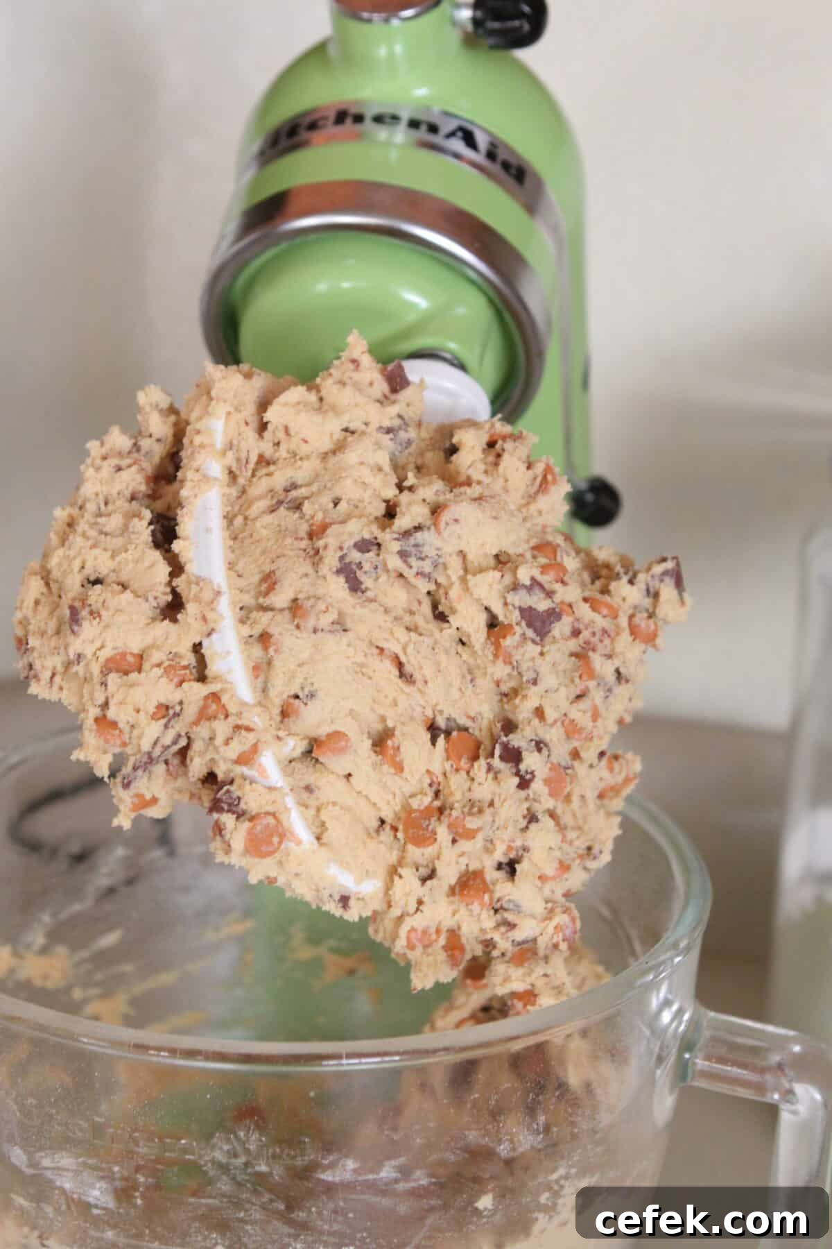cookie dough on stand mixer paddle