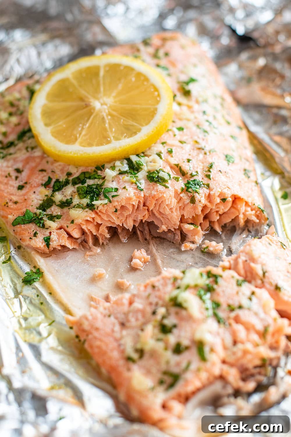 Flakey cut piece of steelhead trout cooked in foil with herb butter sauce.