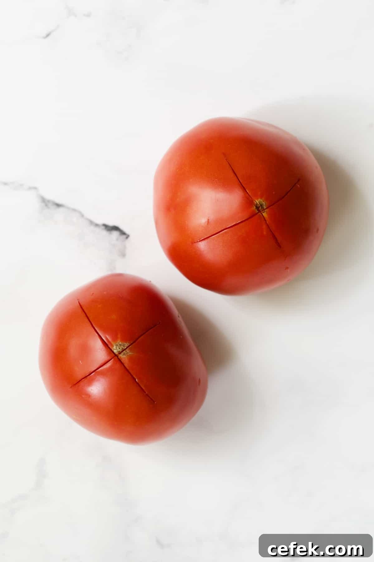 Two tomatoes on white background that have an X scored in the bottom.