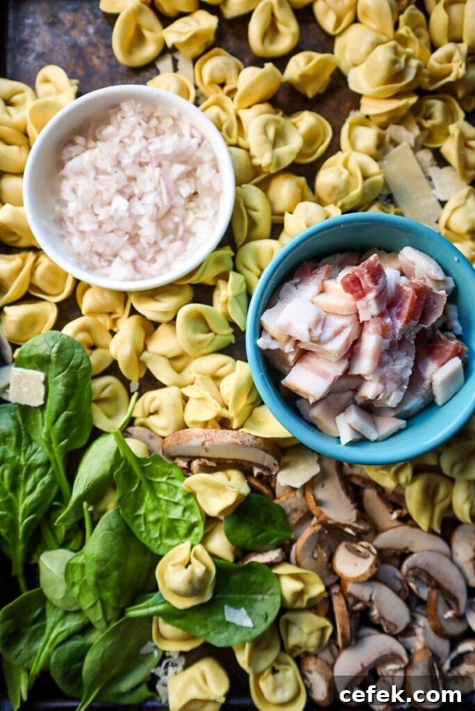 Ingredients for Soup: Tortellini, Bacon, Spinach, Shallot, and Parmesan