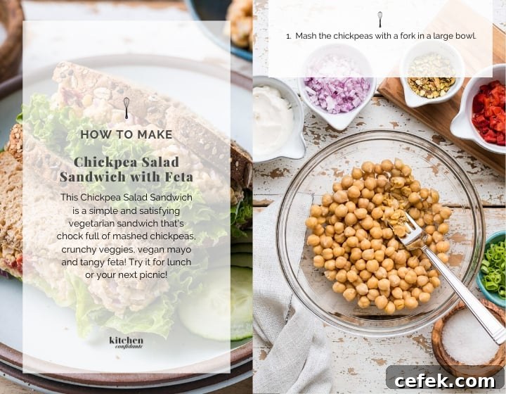 Step by step instructions to make a chickpea salad sandwich with feta.