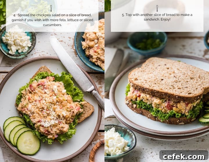 Step by step instructions to make a chickpea salad sandwich with feta.