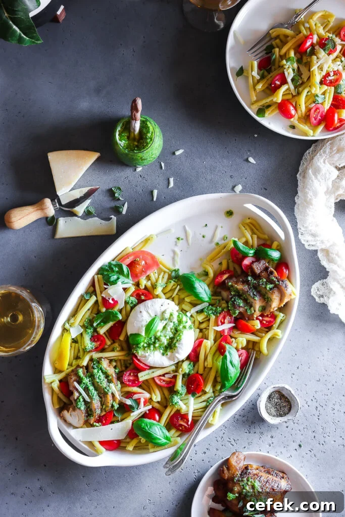 a bowl of chicken caprese salad with pesto