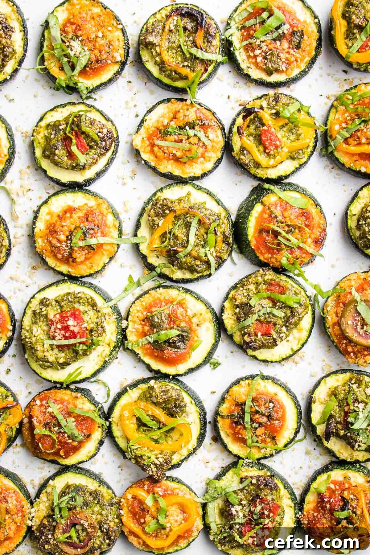 Rows of zucchini slices, topped with red or green sauce and various vegetable toppings to create mini pizzas. All are sprinkled with vegan parmesan and fresh basil.