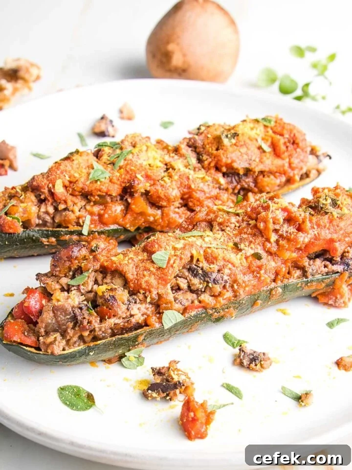 Rimmed white plate with 2 zucchini boats, stuffed with mushrooms and other chopped veggies, topped with tomato sauce and fresh herbs.