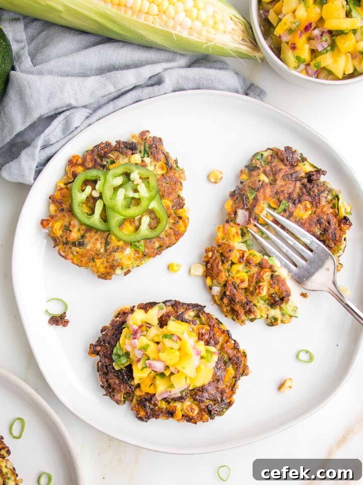 Plate with three zucchini corn fritters. Jalapenos top one, pineapple mango salsa another you can barely see a fresh zucchini and cob of corn in the background.
