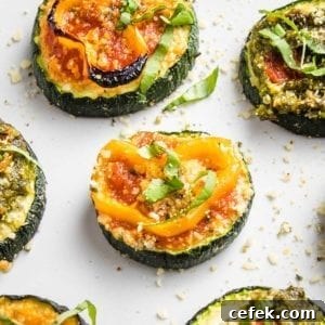 Close up of a few sliced zucchini pizza bites on a white tray. One has red sauce, a sliced yellow pepper and some fesh basil, another has pesto and roasted red pepper.