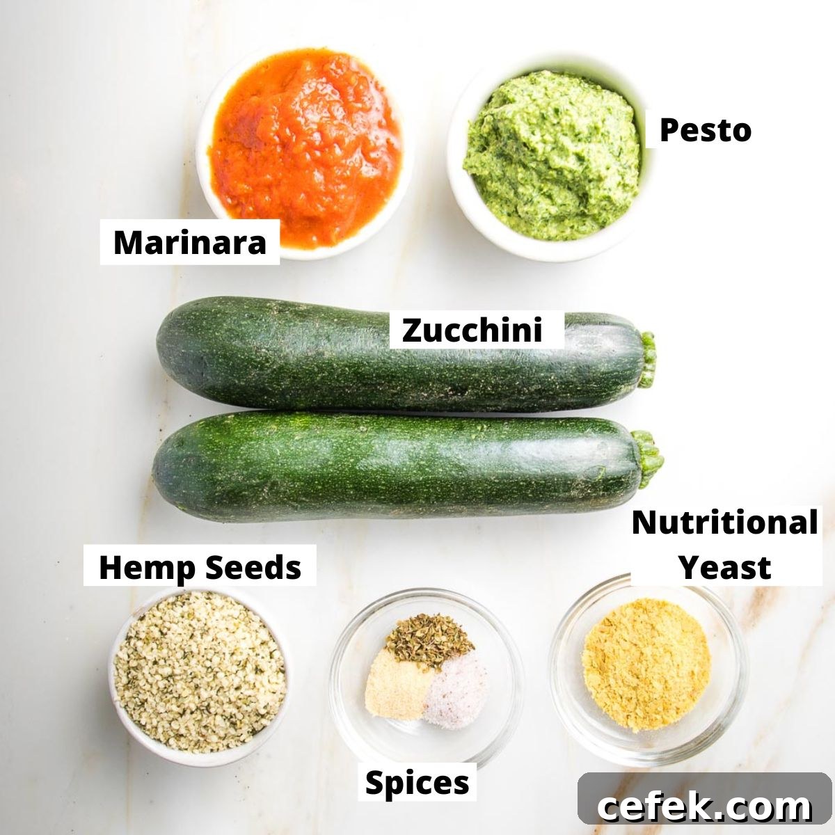 Labeled ingredients: marinara, pesto, zucchini, hemp seeds, nutritional yeast, spices.
