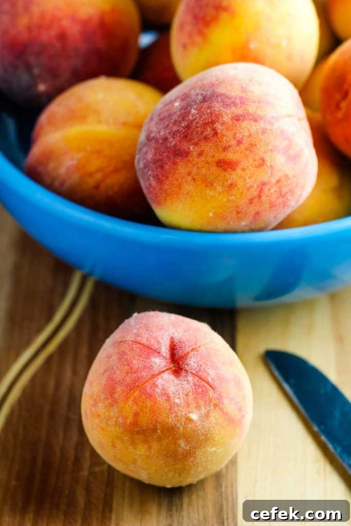 A bowl of peaches, one with an x cut into it for removing the peel