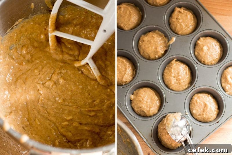 Muffin batter in mixing bowl. Muffin batter being scooped into muffin tin.