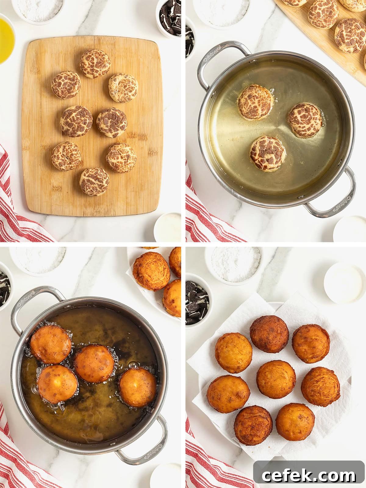 Steps to make cinnamon roll fried Oreos.