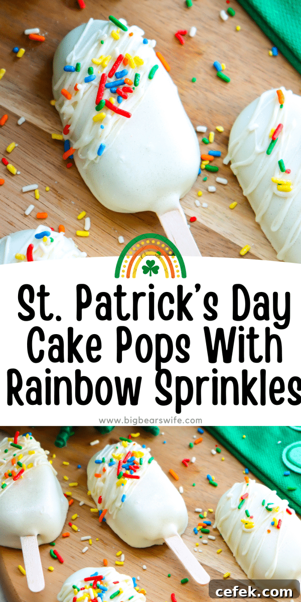 white chocolate cake pops with rainbow sprinkles for St. Patrick’s Day