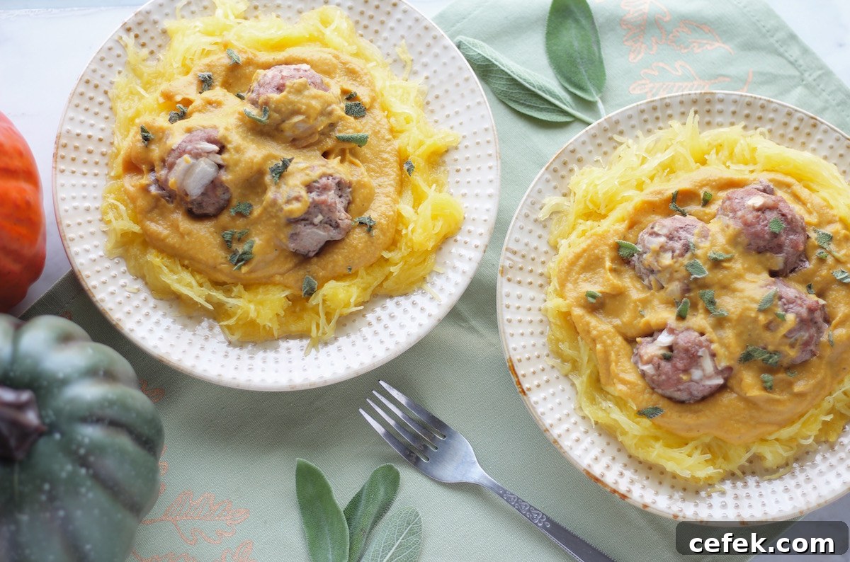 Instant Pot Pumpkin Alfredo with Apple Sage Meatballs (AIP, Paleo) - a warm, cozy, comforting Fall meal that is perfect over spaghetti squash or your favorite pasta or rice! | fedandfulfilled.com