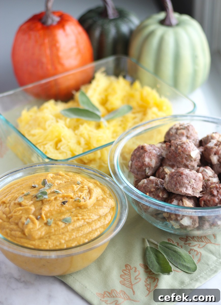 Instant Pot Pumpkin Alfredo with Apple Sage Meatballs (AIP, Paleo) - serve this creamy pumpkin alfredo and pork meatballs over spaghetti squash for a feel-good Fall meal! | fedandfulfilled.com