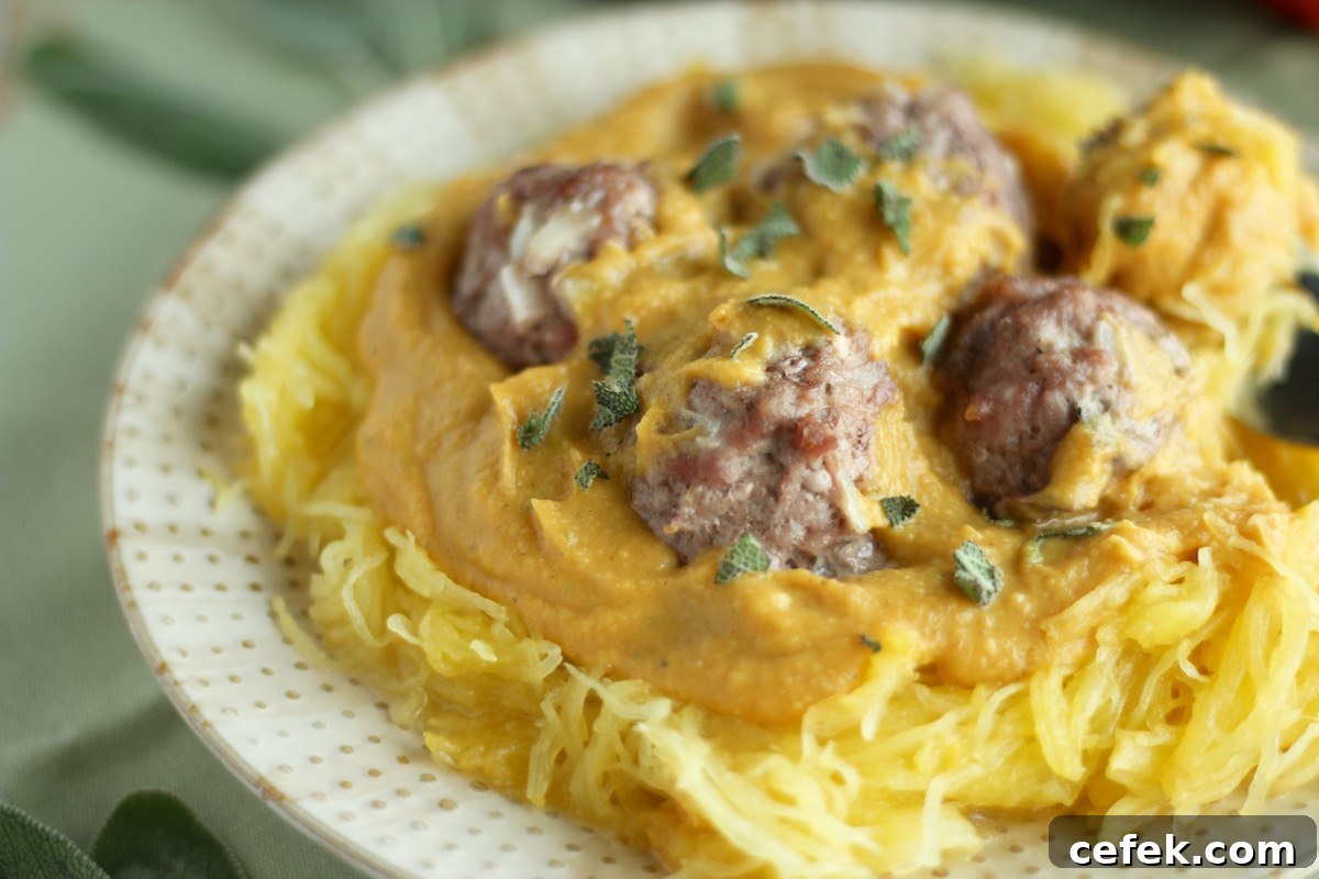 Instant Pot Pumpkin Alfredo with Apple Sage Meatballs (AIP, Paleo) - creamy, dairy-free pumpkin sauce combines with juicy pork meatballs to create a decadent, yet healthy dinner! | fedandfulfilled.com