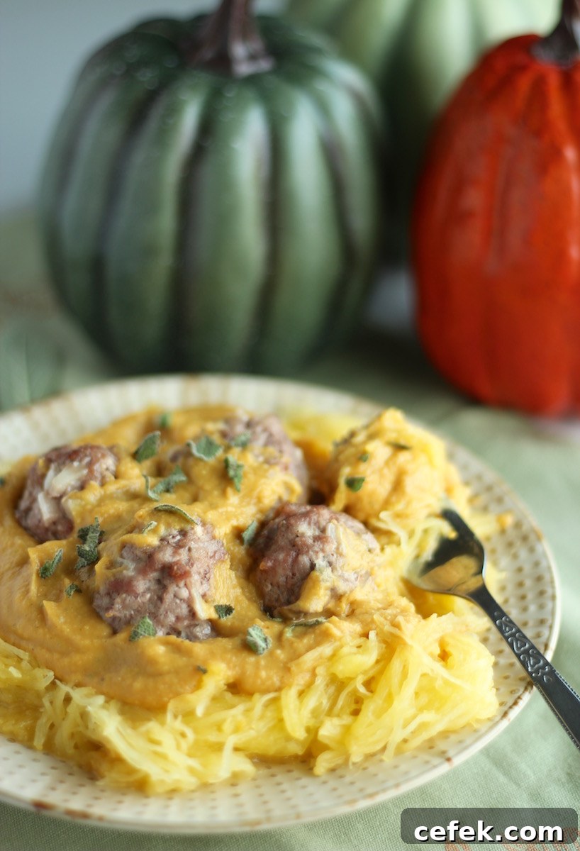 Instant Pot Pumpkin Alfredo with Apple Sage Meatballs (AIP, Paleo) - a warm, cozy Fall dinner recipe with sweet and savory flavors, made easily in the Instant Pot! | fedandfulfilled.com