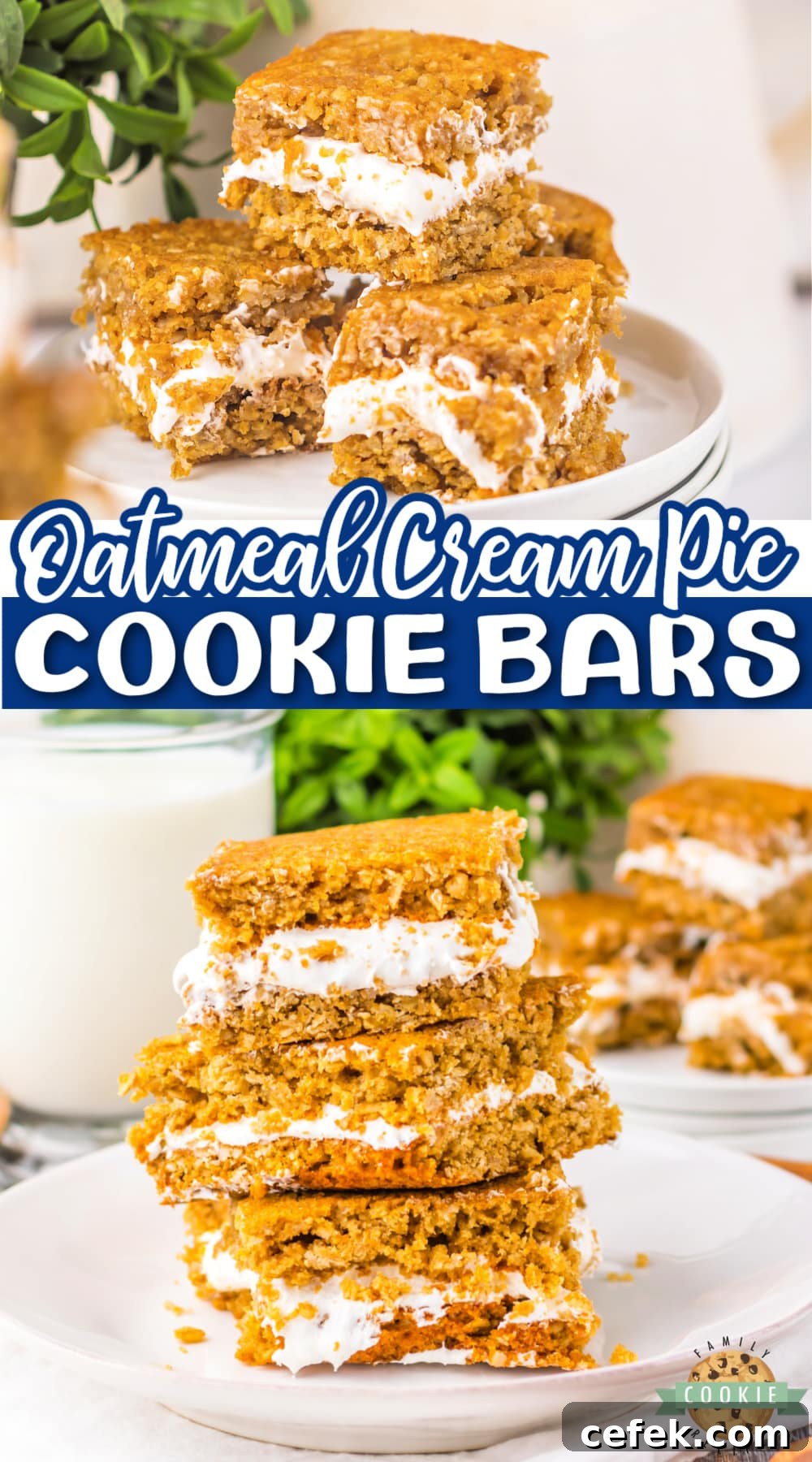 Oatmeal Cream Pie Bars taste just like Oatmeal Creme Pies with marshmallow cream filling sandwiched between two soft and chewy oatmeal cookie layers. Delicious sandwich cookie bars that are so easy to make!