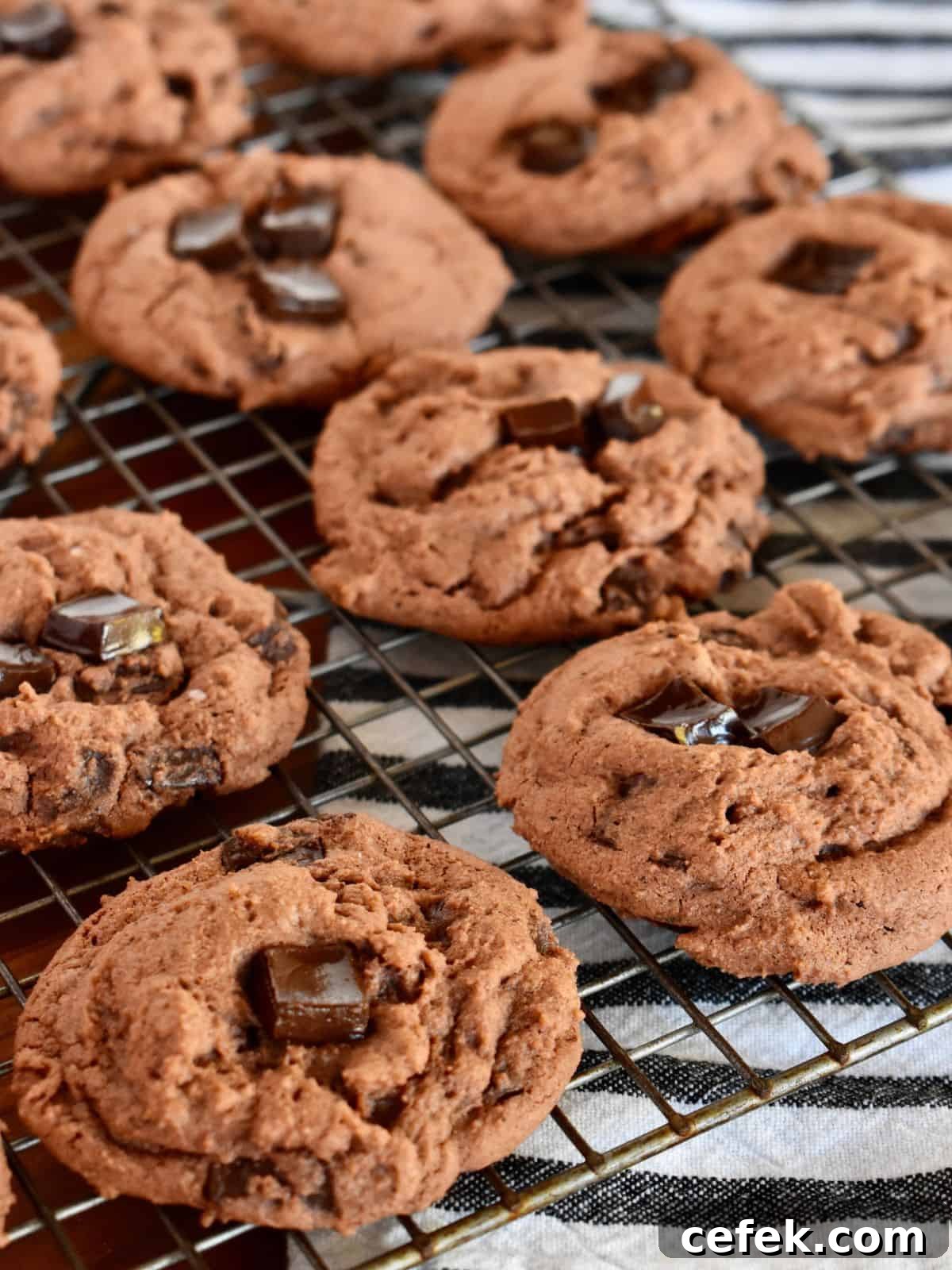 Chocolate Pudding Cookies on a wire cooling rack. 