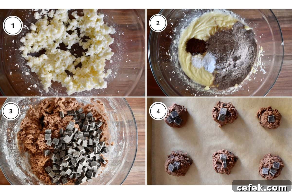 Process shots showing how to make recipe including making the batter and rolling into balls and placing on a lined baking sheet. 