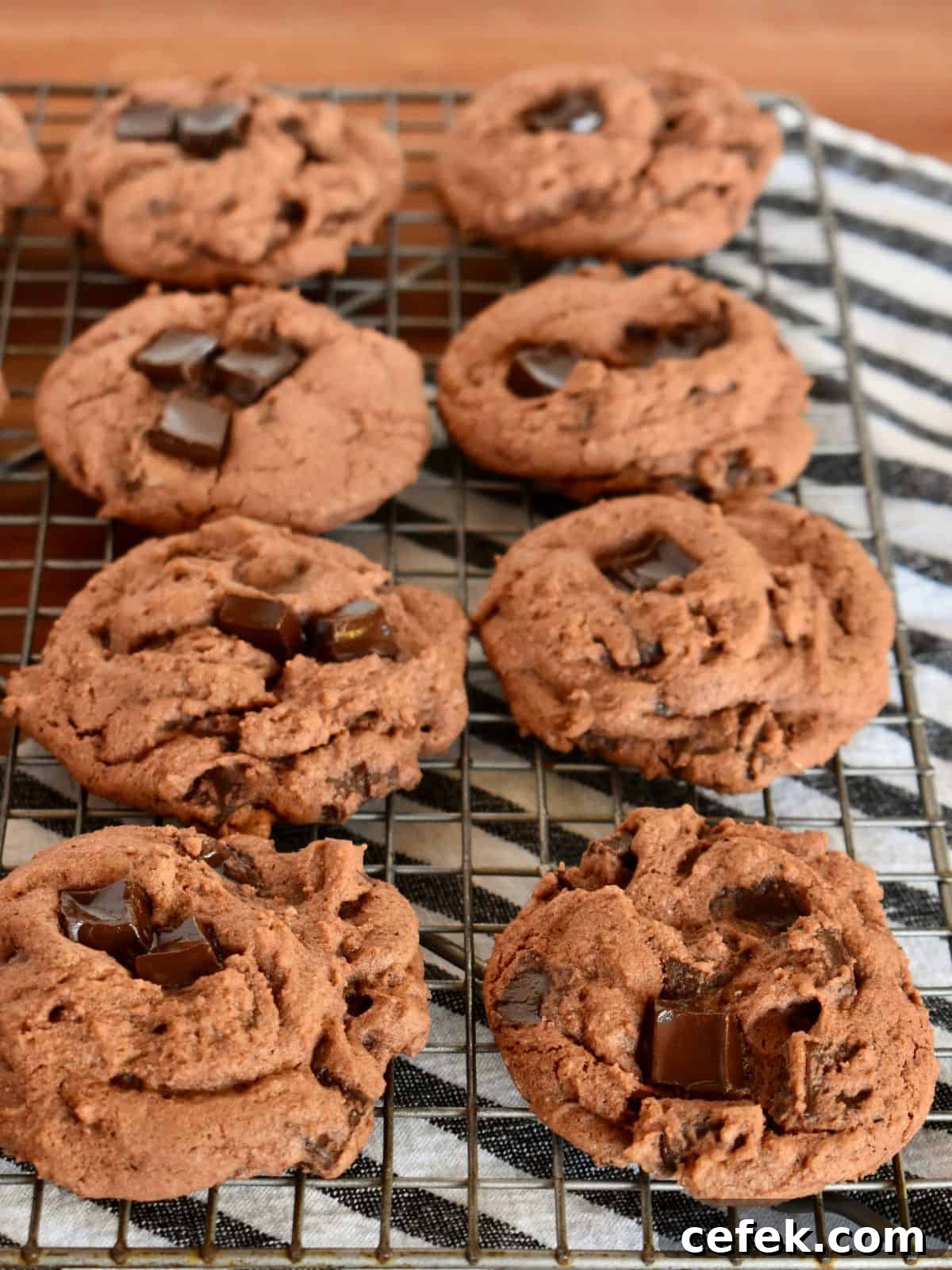Chocolate Pudding Cookies on a wire cooling rack. 