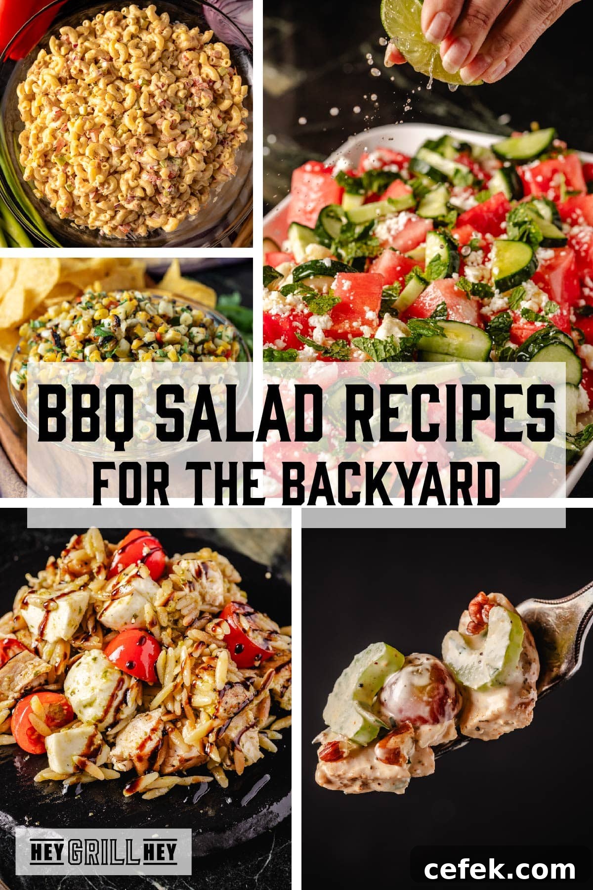 A collage of various salad dishes. The text overlay reads 'BBQ Salad Recipes for the Backyard' in the middle, and 'Hey Grill Hey' at the bottom.