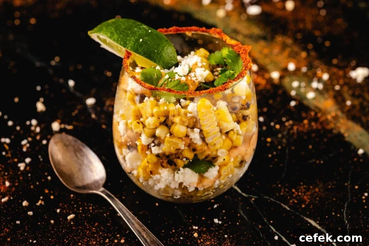 A Mexican corn salad in a glass with a lime wedge and seasoning on the rim.
