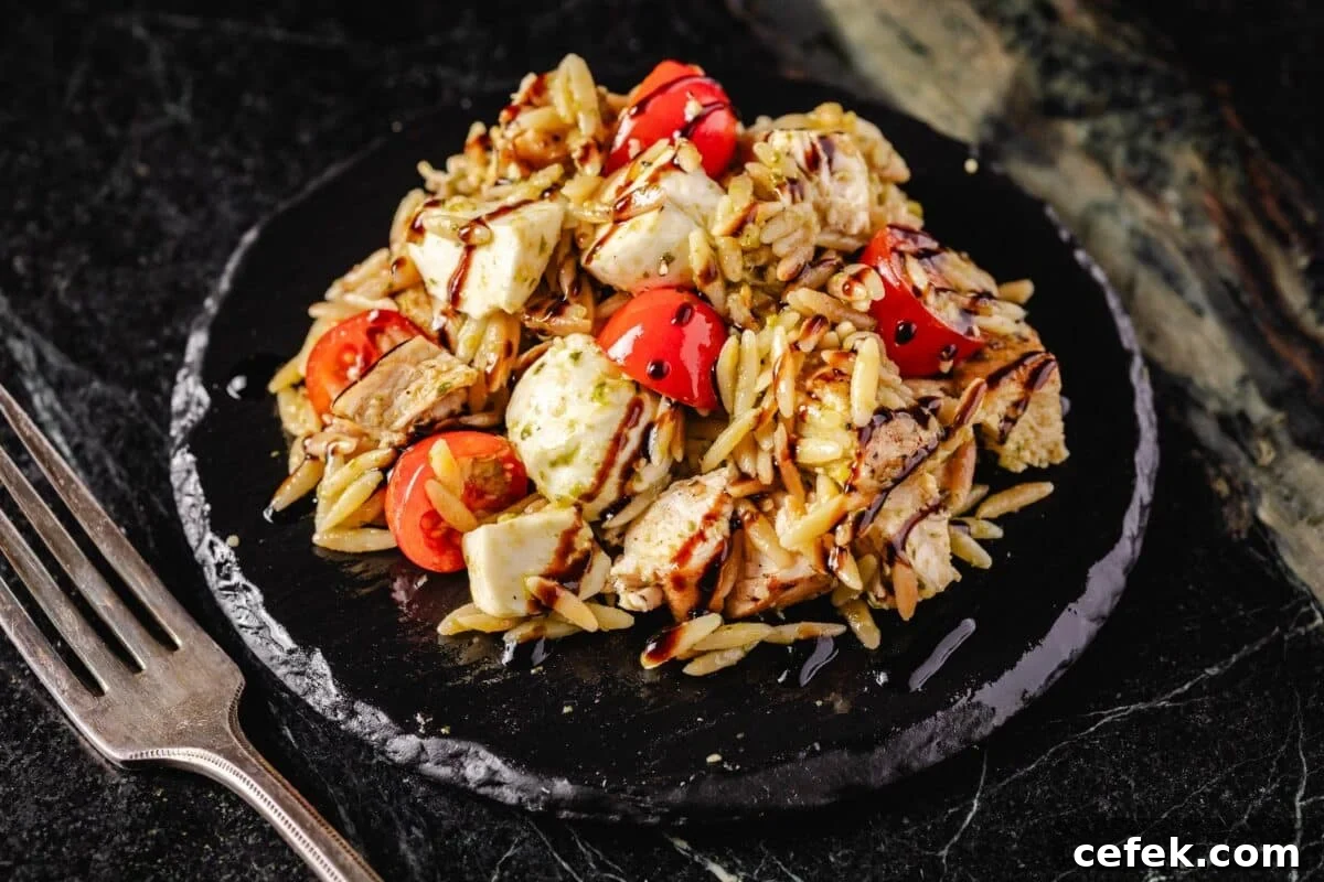Orzo with chicken and tomatoes on a black stone plate.