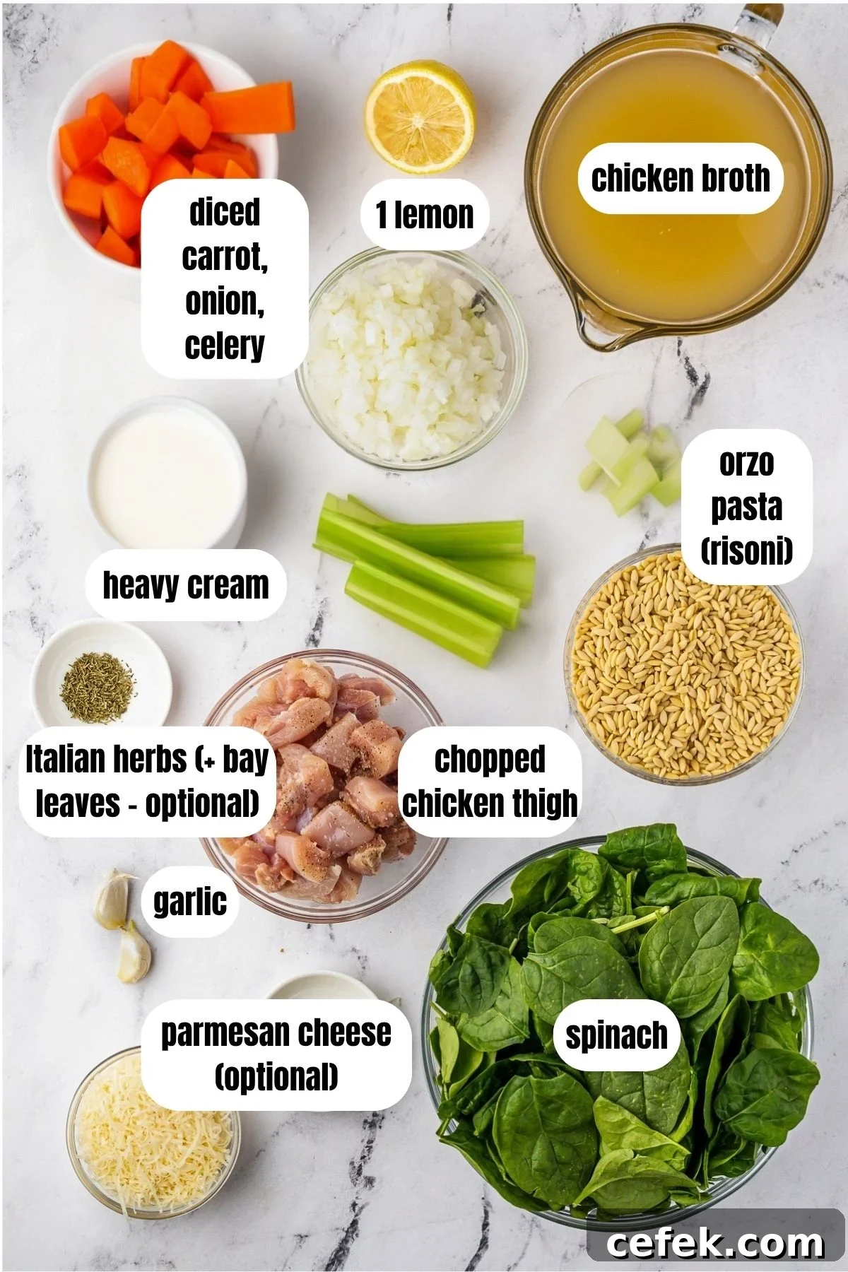 Collage of all the ingredients needed to make a creamy lemon chicken orzo soup labelled, including orzo, chicken, spinach, carrots, celery, onion, herbs, parmesan, lemon, broth, garlic and cream.