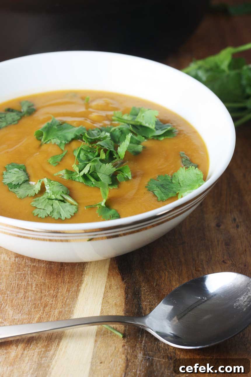 Crock pot Thai pumpkin and red lentil soup in a white bowl on a wooden board and with a spoon