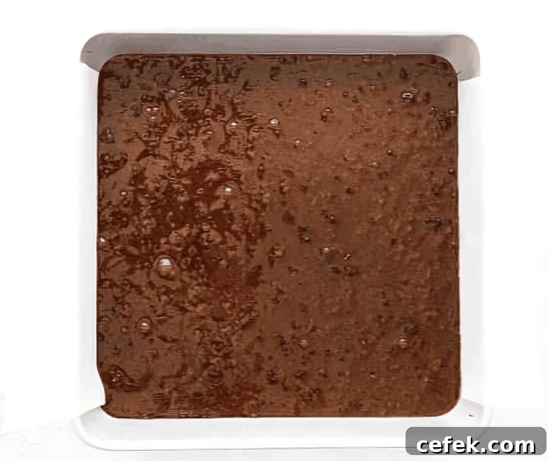 chocolate cake batter in a square baking pan.