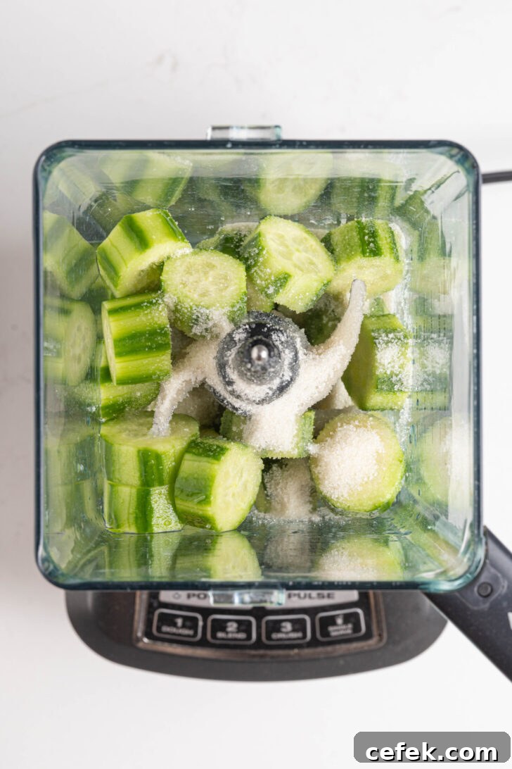 A blender with cucumbers and sugar.
