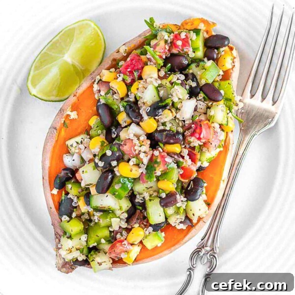 Microwave sweet potato with quinoa and black beans