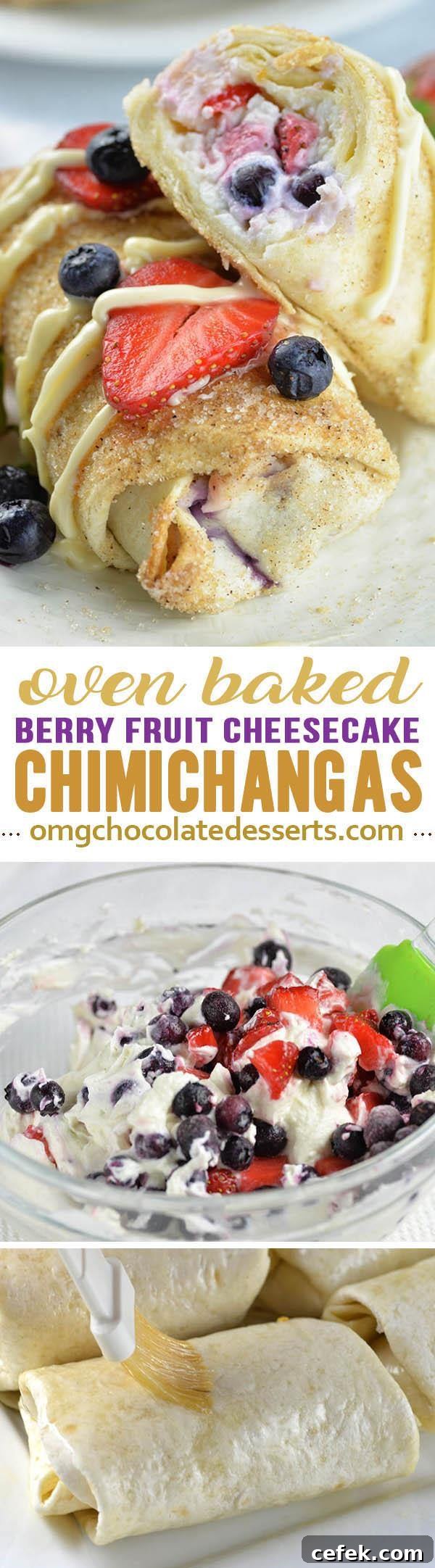 Collage of berry cheesecake chimichangas