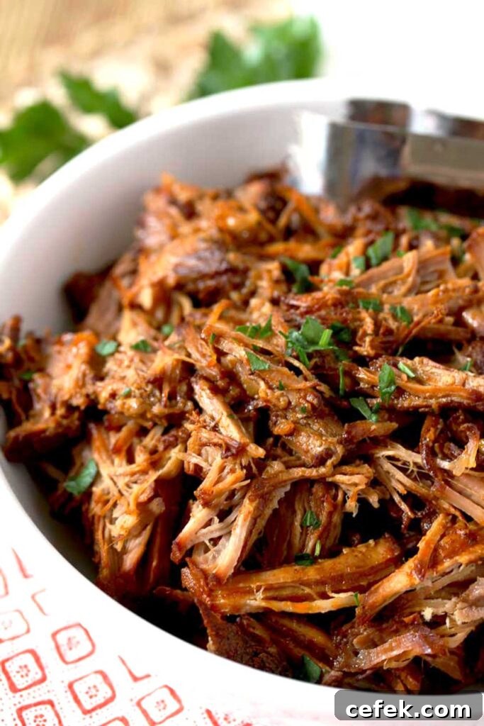 Shredded BBQ pulled pork in a white bowl