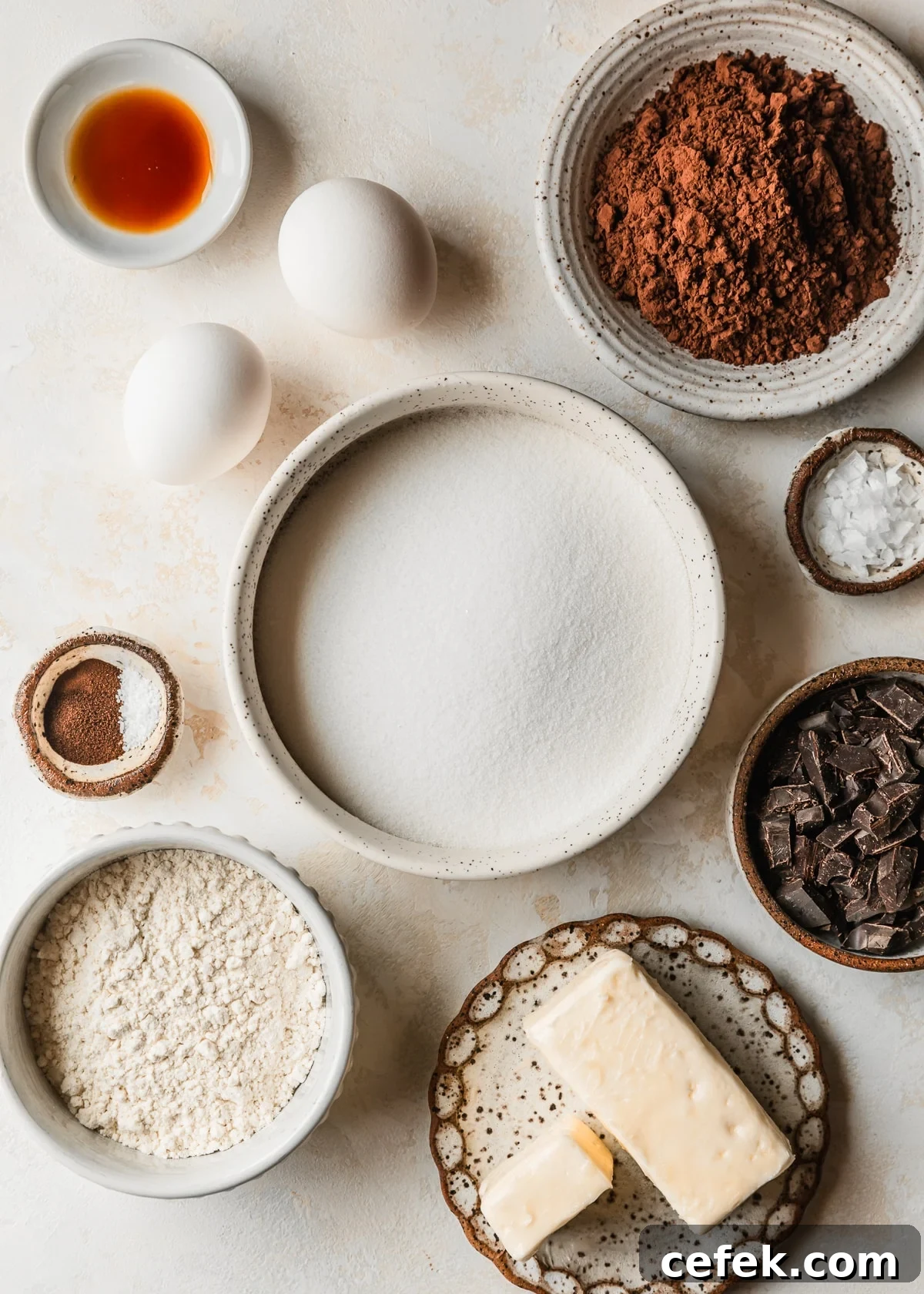 White and brown bowls of sugar, cocoa powder, vanilla, espresso powder, salt, chocolate, butter, and flour on a tan counter next to eggs.
