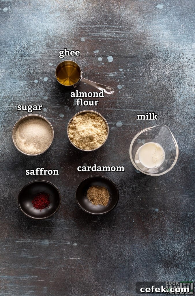 ingredients for badam halwa arranged on a board