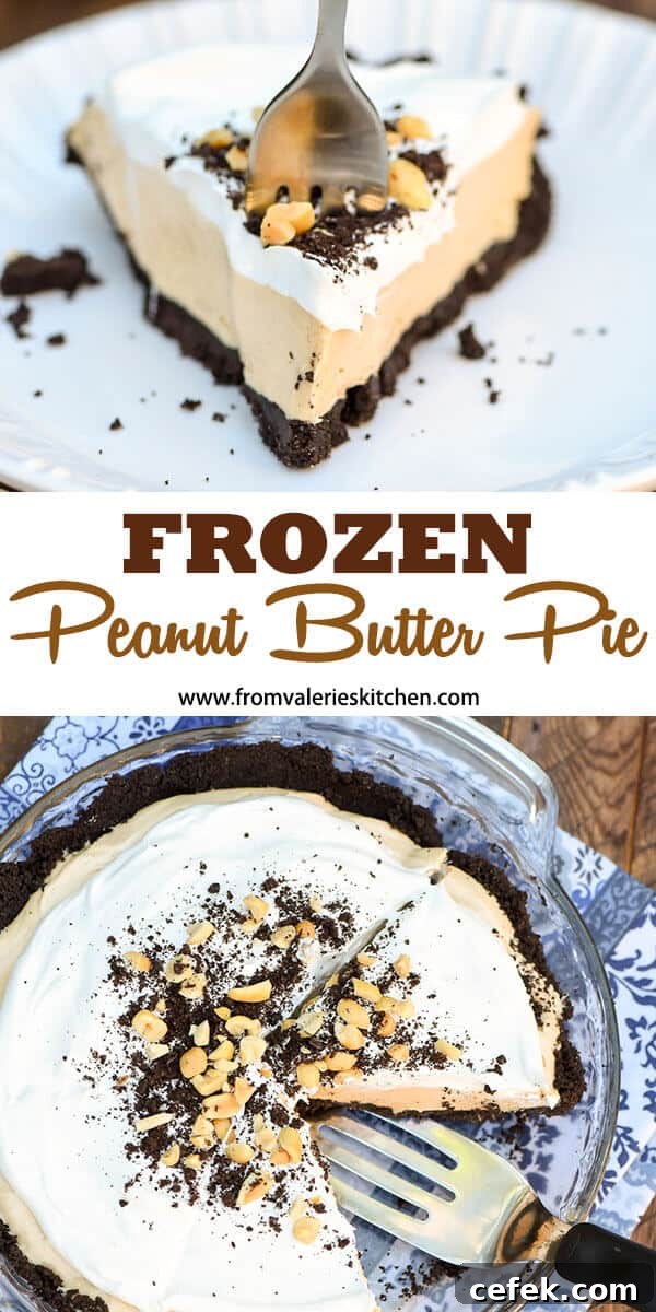 A two image vertical collage of Frozen Peanut Butter Pie with overlay text.