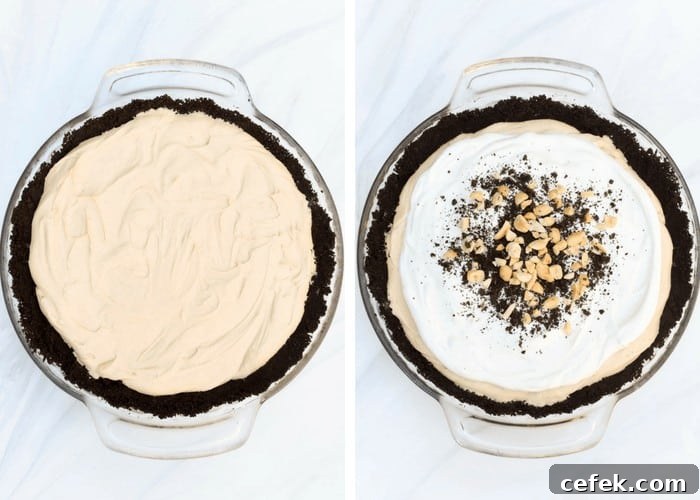 Two in process images showing the filling spread into the Oreo crust and then topped with whipped topping, crushed Oreos and peanuts.