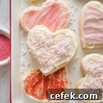 Close up of heart shaped cut out sugar cookies with spreadable frosting and a mix of pink, white, and red sprinkles.