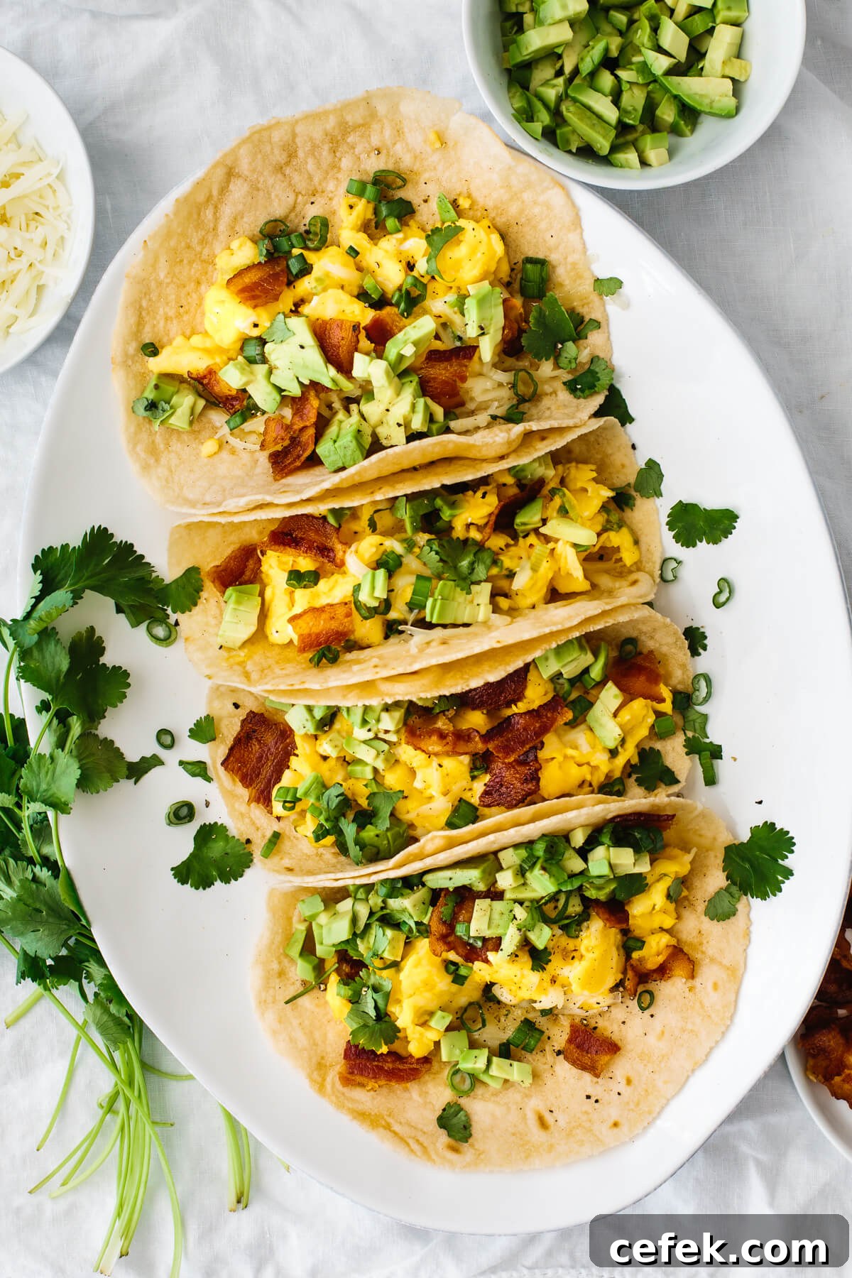 Breakfast tacos on a plate next to cilantro and avocado.