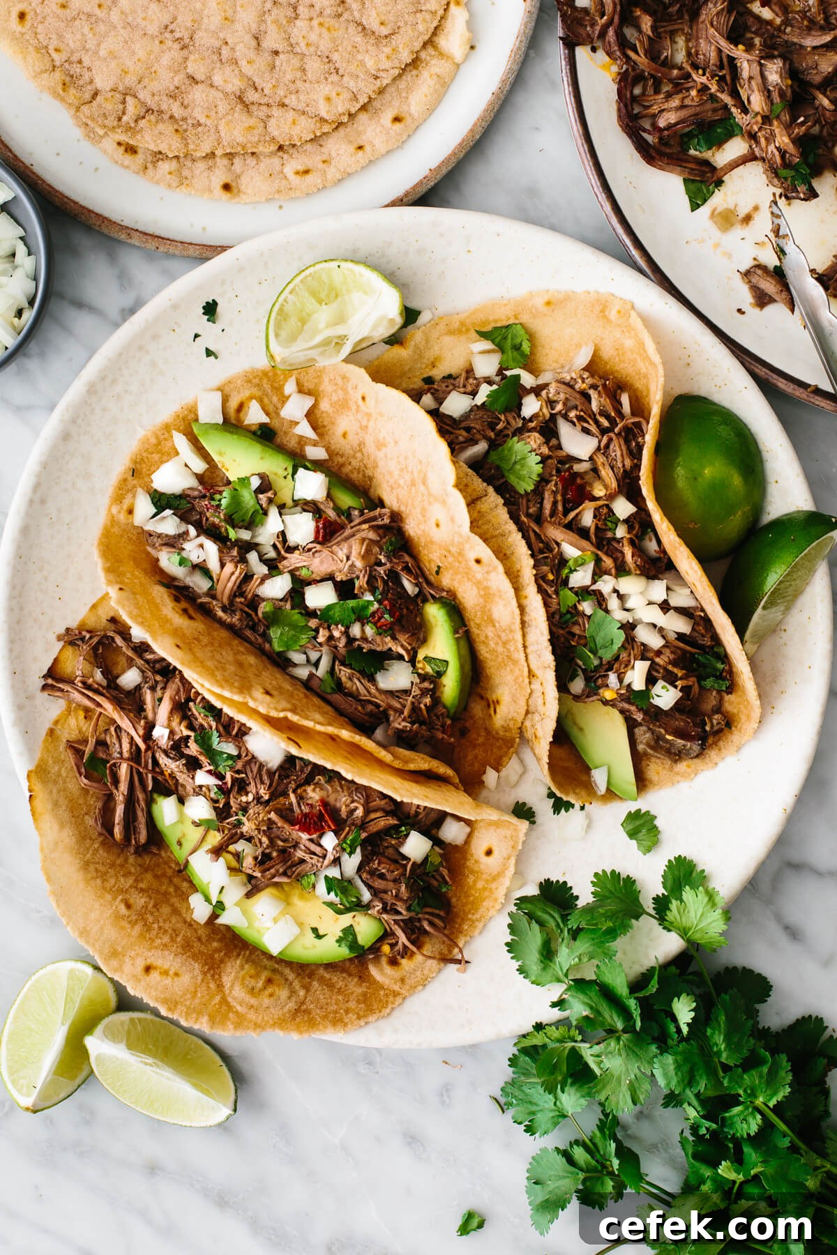 Barbacoa tacos on a plate with cilantro and lime wedges.