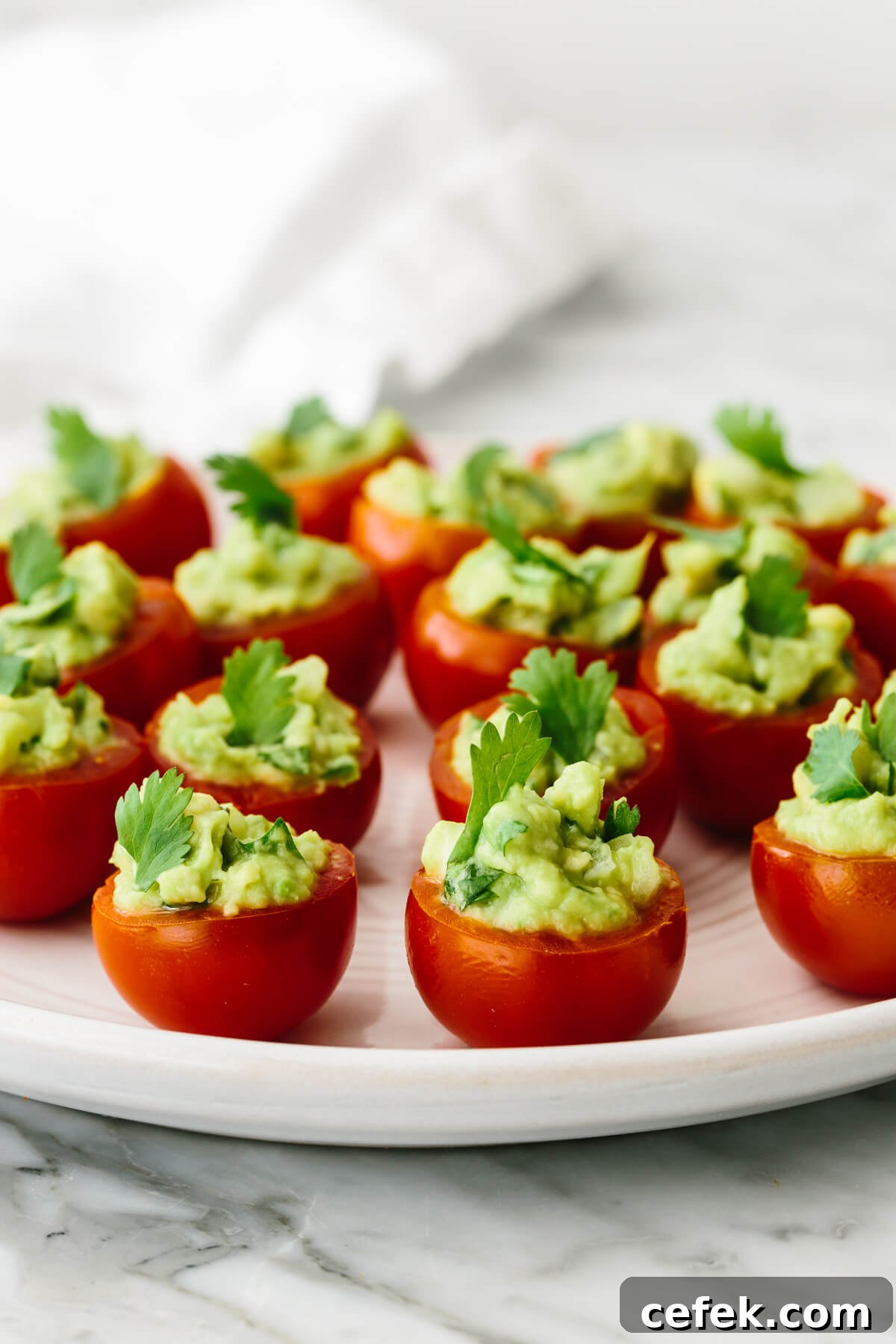 Guacamole stuffed tomatoes on a plate.