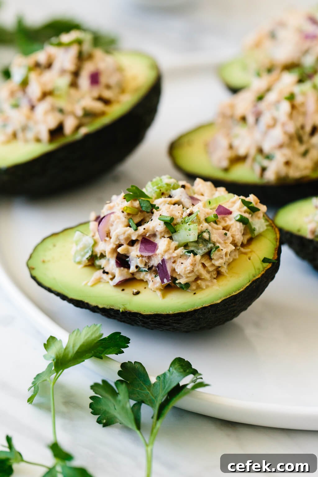 Tuna stuffed avocados are a delicious low-carb, keto, Whole30 and paleo-friendly lunch or snack recipe. A simple combination of tuna salad and avocados makes for a healthy lunch recipe.