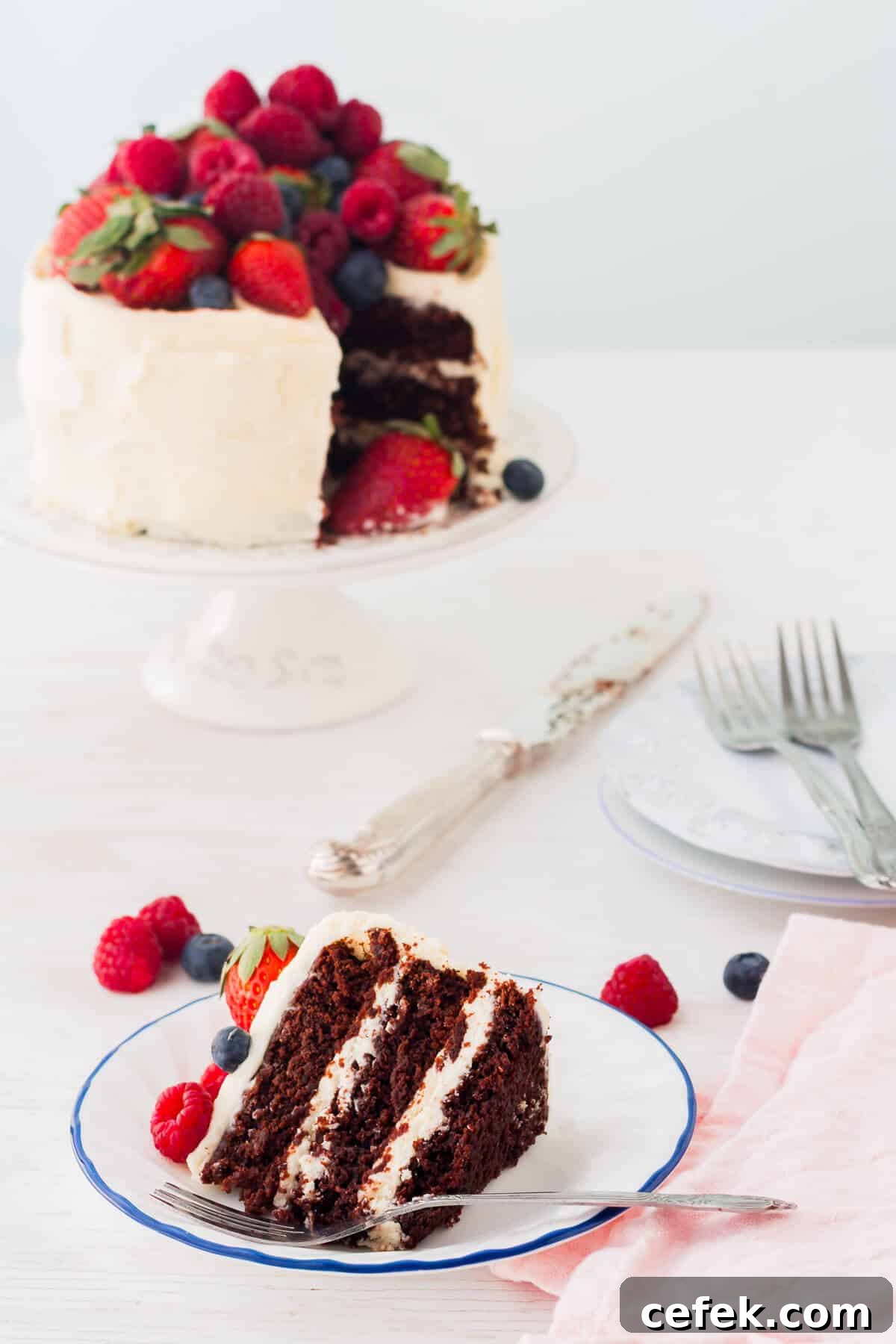 A slice of dark chocolate cake with berries on a small plate.